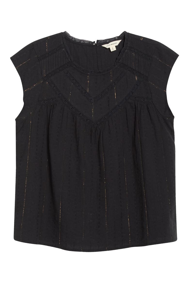 Lace Inset Yoke Metallic Cotton Top, Alternate, color, CAVIAR