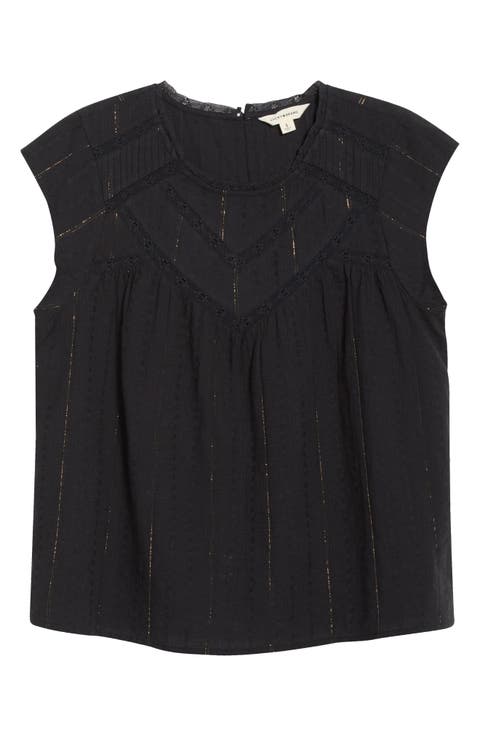 Lace Inset Yoke Metallic Cotton Top