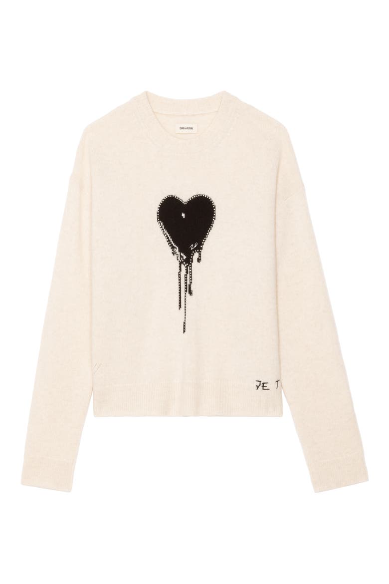Markuz Embellished Heart Appliqué Cashmere Crewneck Sweater, Alternate, color, EGGSHELL