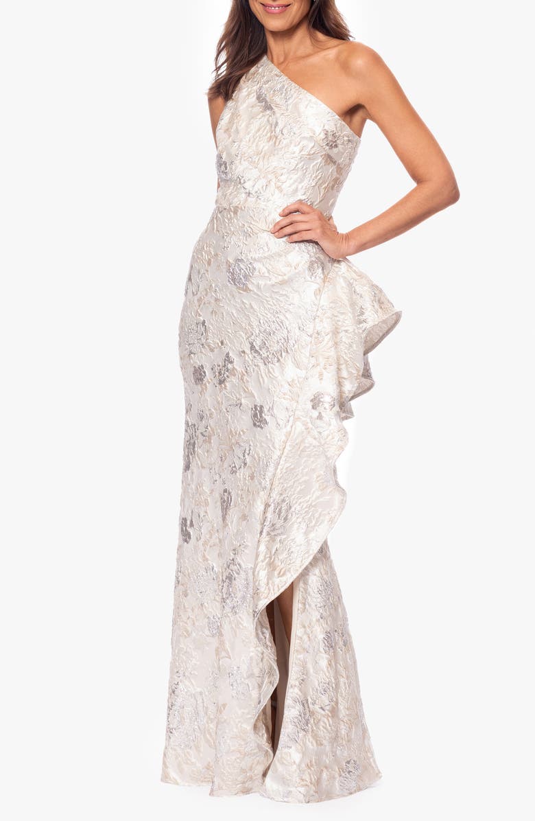 Xscape Evenings Metallic Floral Jacquard One-Shoulder Sheath Gown, Alternate, color, Champagne