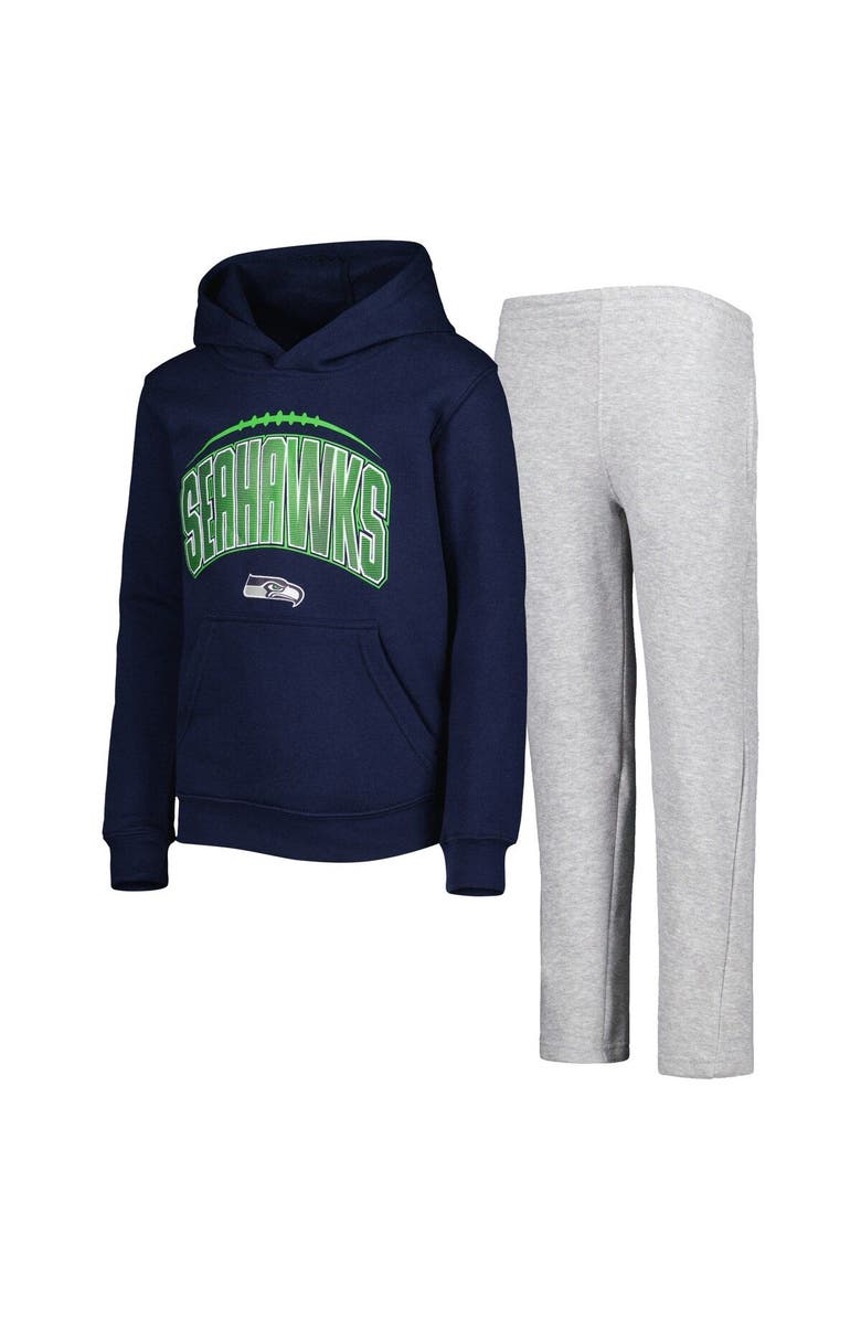 Outerstuff Youth College Navy/Heather Gray Seattle Seahawks Double Up Pullover Hoodie & Pants Set, Main, color,