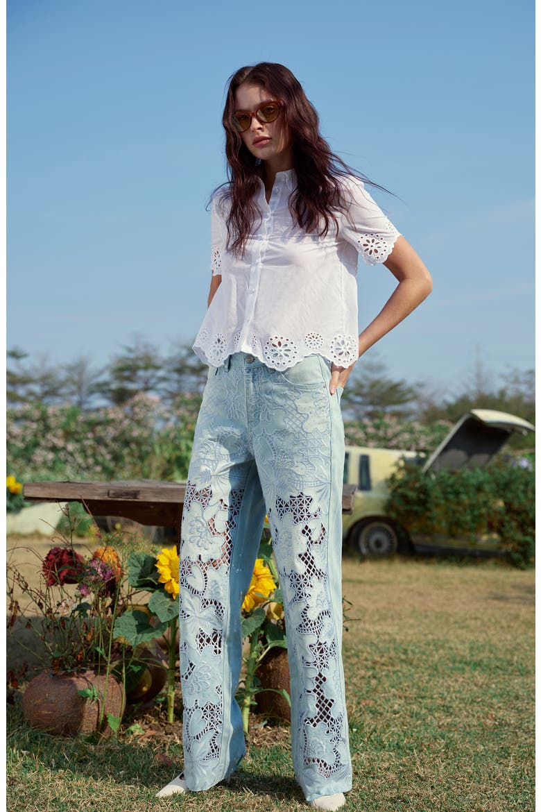 Crystal Embroidered Raw Hem High Waist Relaxed Straight Leg Jeans, Alternate, color, LIGHT BLUE