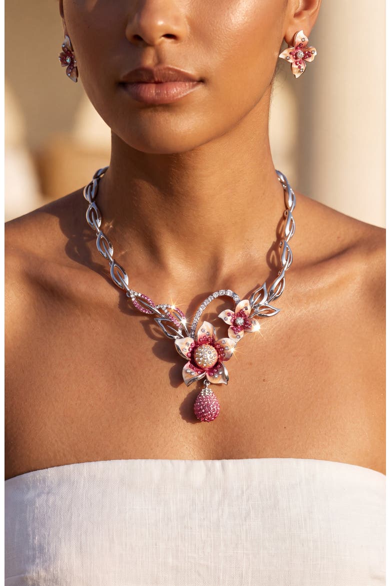 Flower Necklace and Earrings Set, Alternate, color, Pink