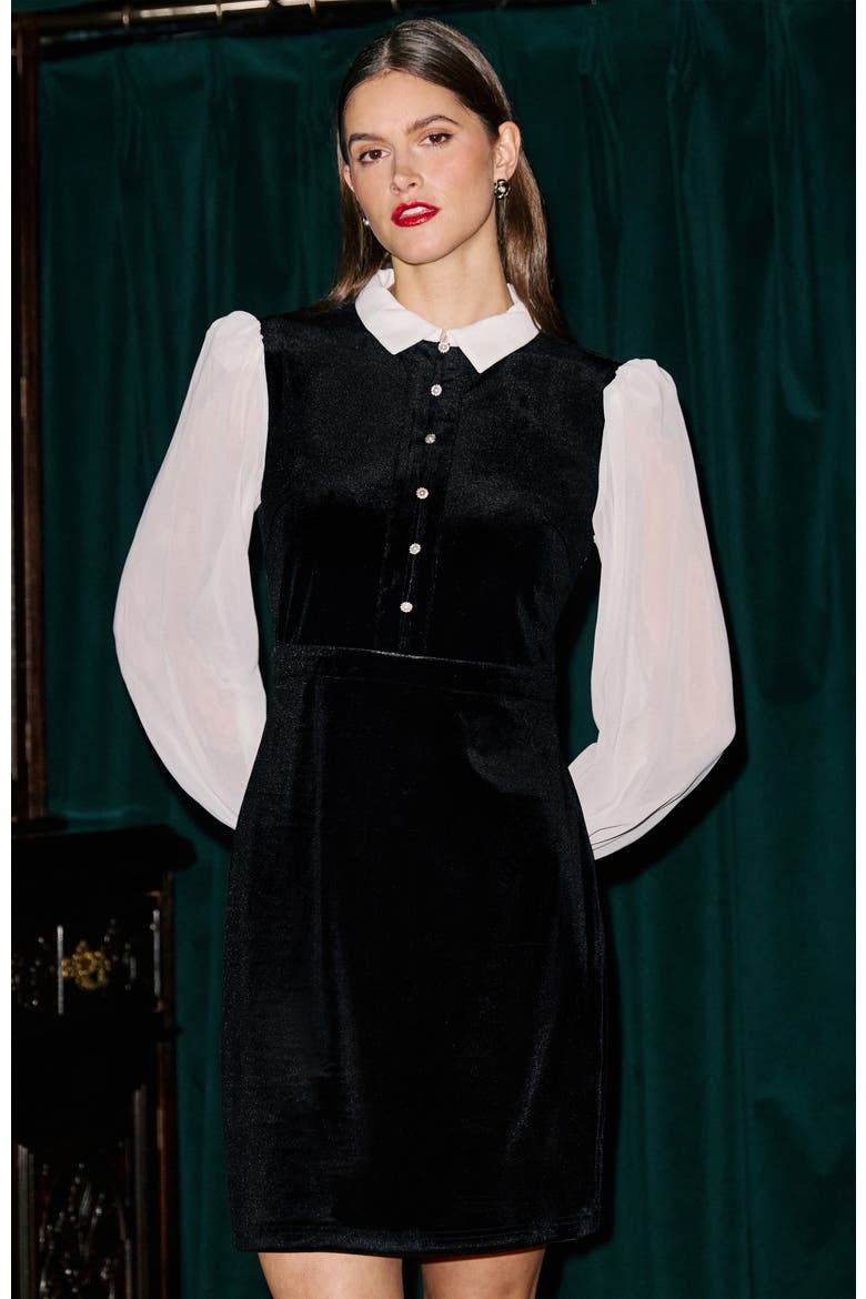 Contrast Long Sleeve Velvet Mini Dress, Alternate, color, Black