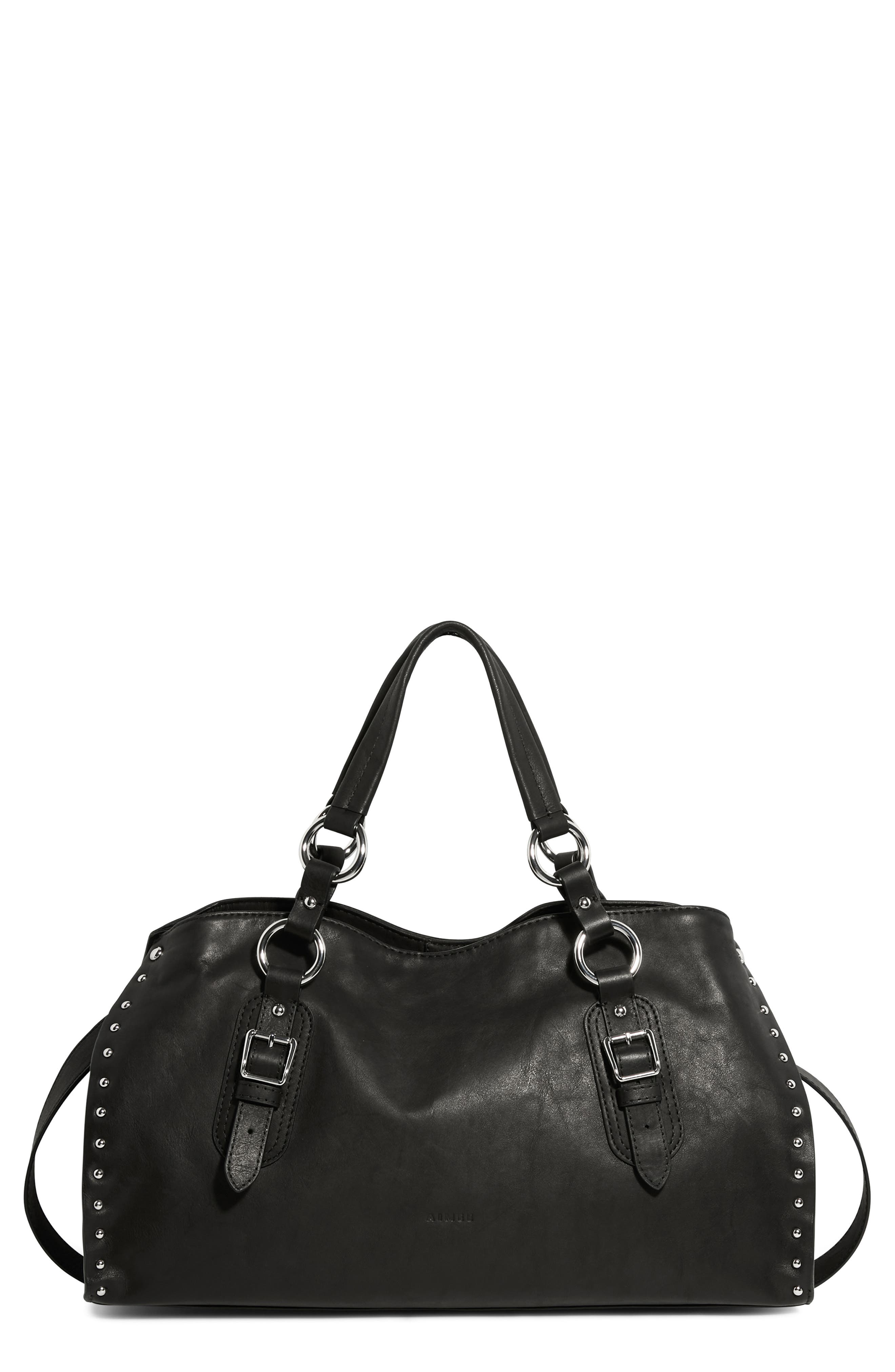 AIMEE Large Rodeo Leather Satchel, Main, color, Black