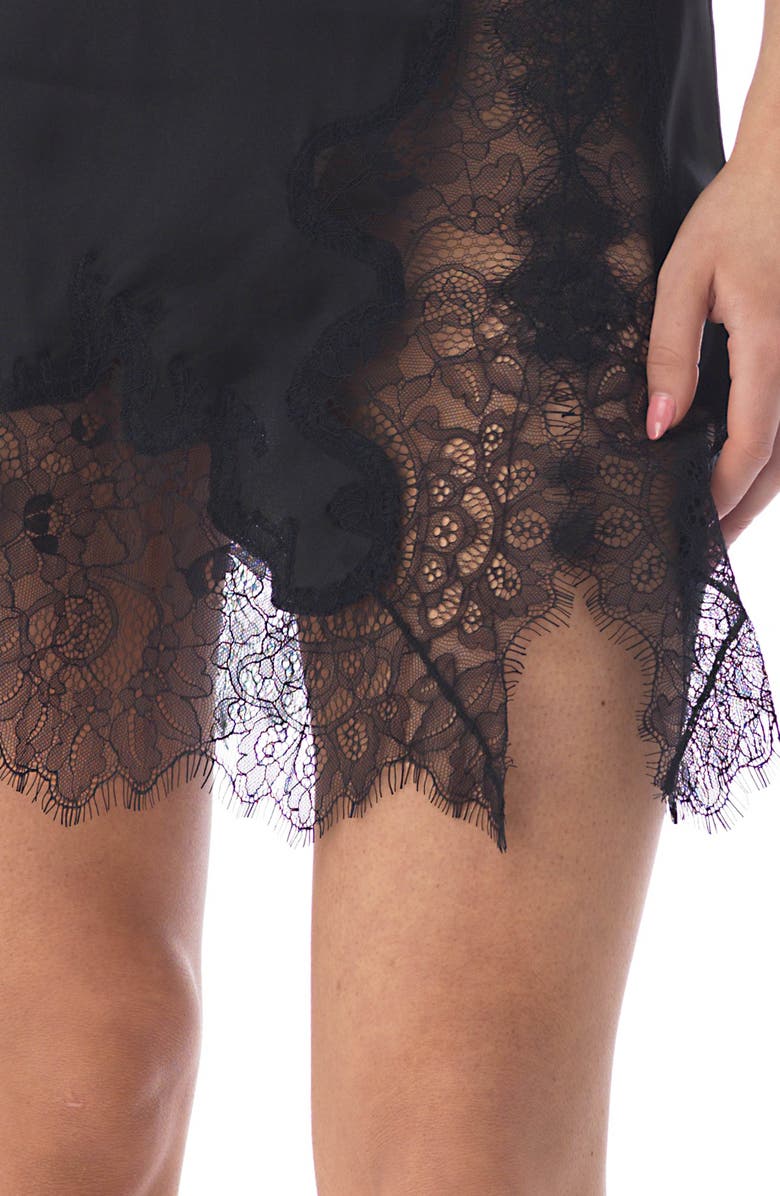 Sky Eyelash Lace Trim Stretch Silk Mini Slipdress, Alternate, color, Black