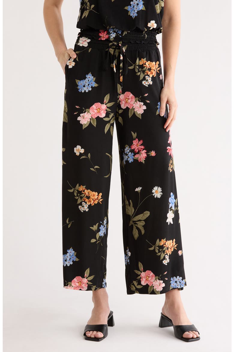 Smocked Crop Pants, Main, color, BLACK GARDEN FLORAL