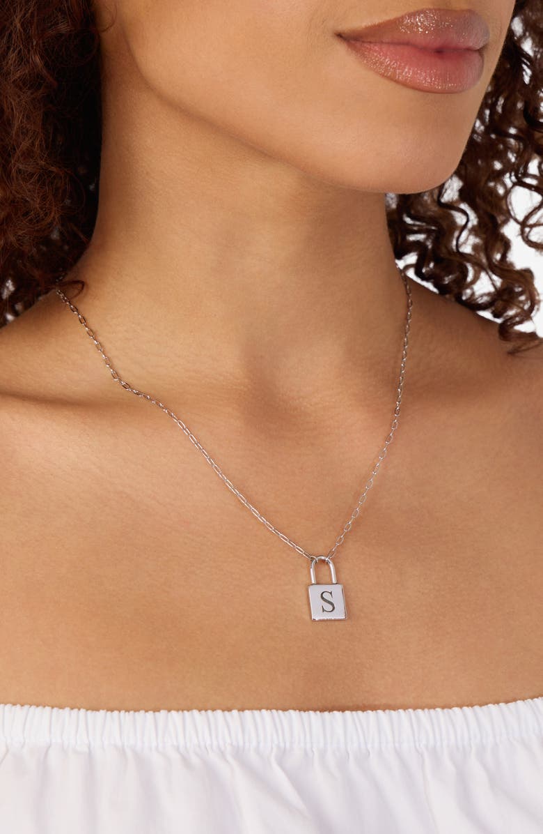 ATHRA LUXE Personalized Initial Lock Pendant Necklace, Alternate, color, Silver