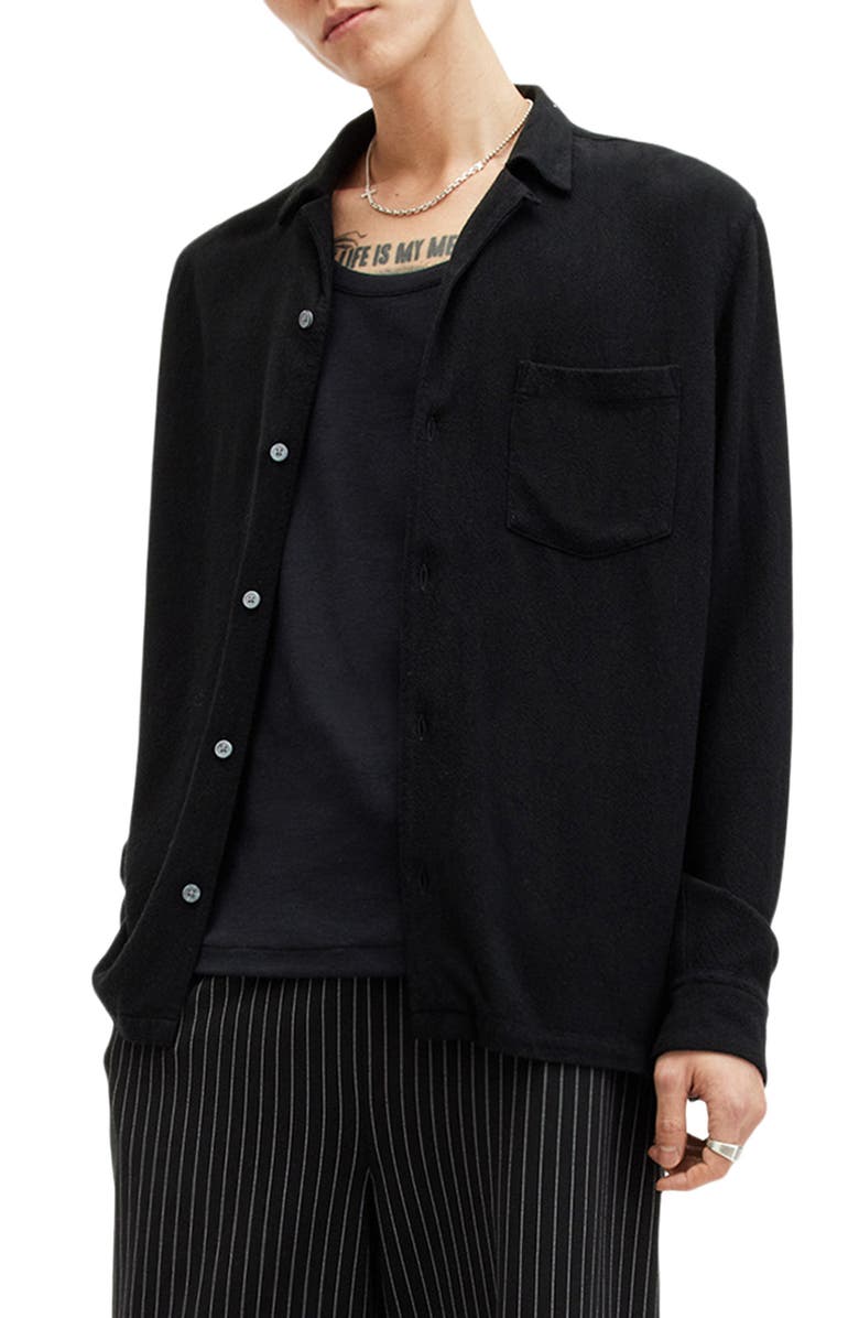 AllSaints Cudi Textured Long Sleeve Camp Shirt, Alternate, color, Black