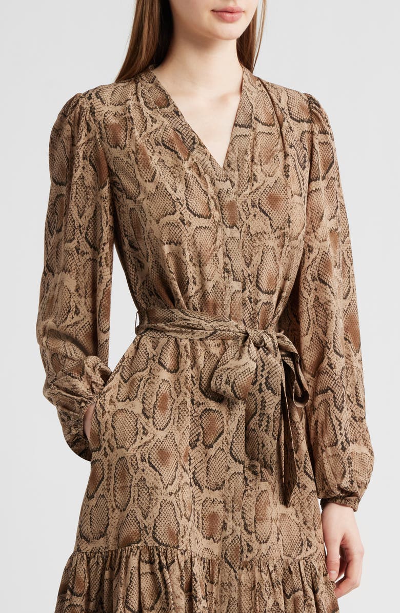 KOBI HALPERIN Samara Snakeskin Print Tie Waist Shirtdress, Alternate, color, Tannin Multi