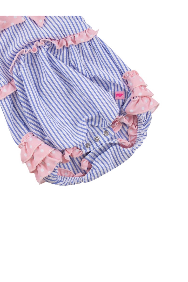 UPF50+ Seersucker One Piece Bow Bubble Romper Swimsuit, Alternate, color, Periwinkle Blue Seersucker