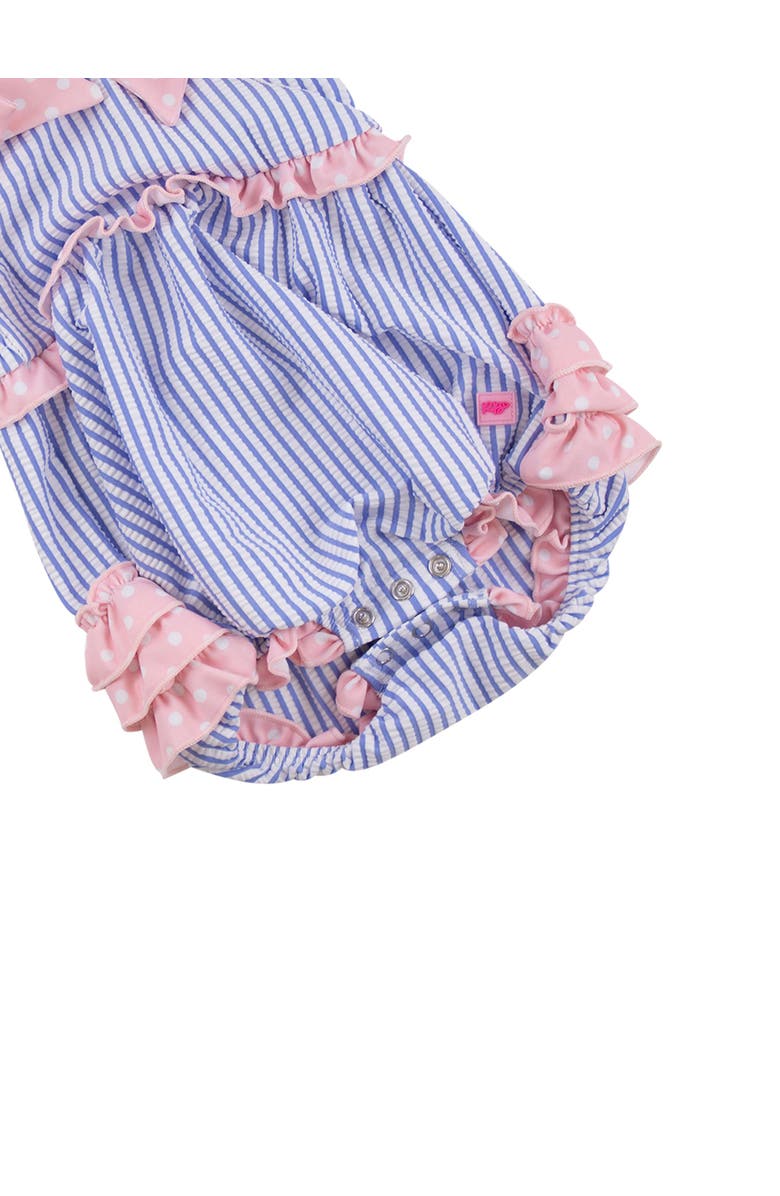 RuffleButts UPF50+ Seersucker One Piece Bow Bubble Romper Swimsuit, Alternate, color, Periwinkle Blue Seersucker