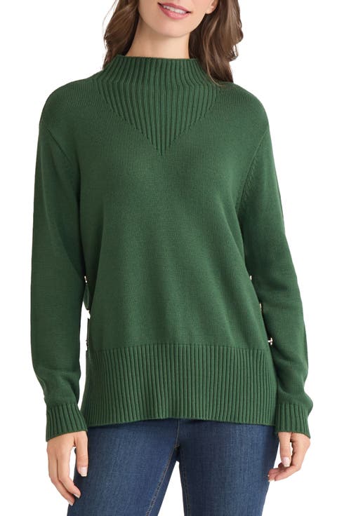 Button Detail Rib Funnel Neck Sweater