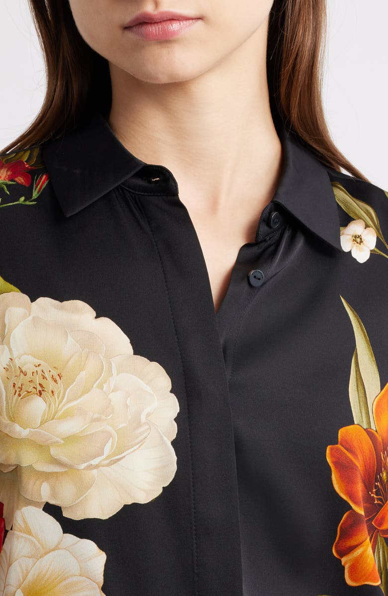Elie Tahari The Shae Floral Stretch Silk Button-Up Shirt, Alternate, color, Lovestruck Black