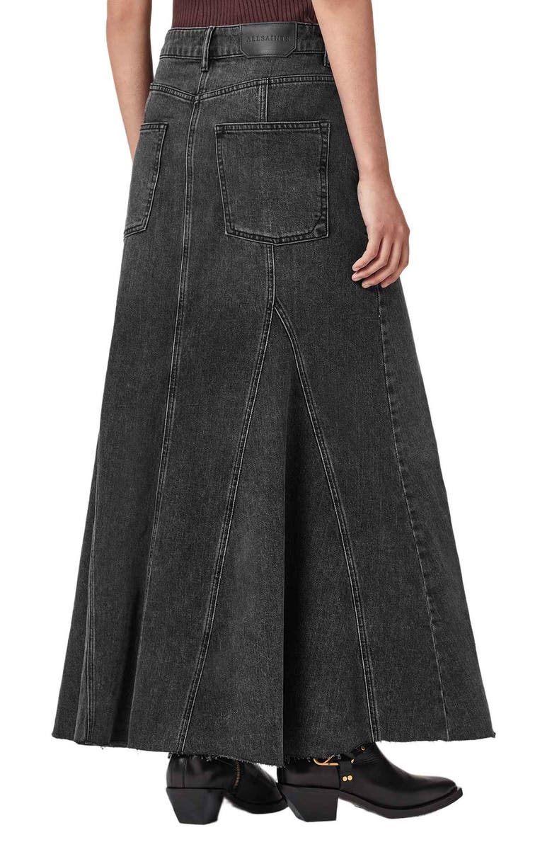 AllSaints Alma Flare Denim Maxi Skirt, Alternate, color, Washed Black