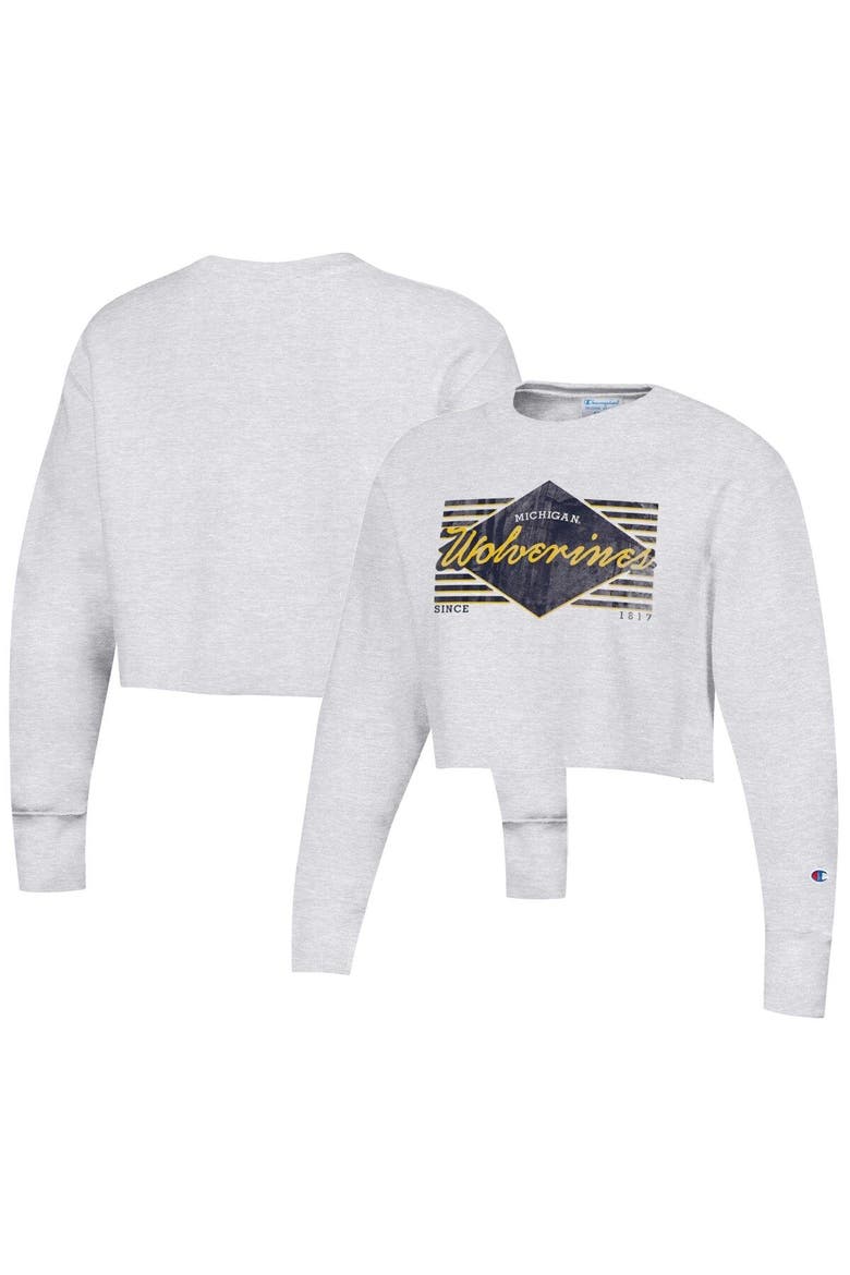 Women's Champion Heather Gray Michigan Wolverines Reverse Weave Cropped Pullover Sweatshirt, Main, color, Heather Gray
