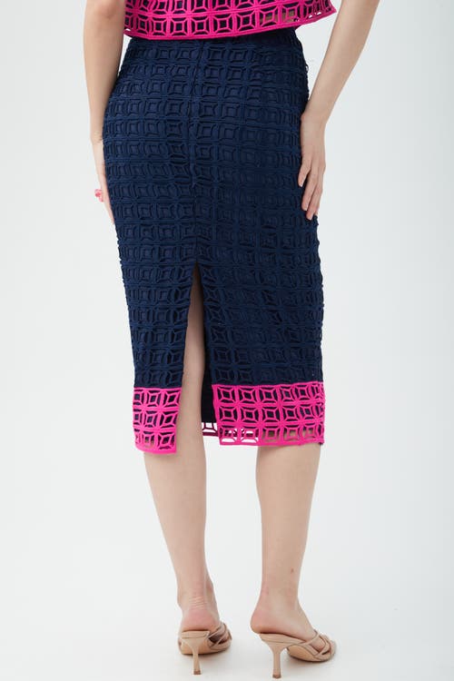 Trina Turk Dita 2 Colorblock Lace Midi Pencil Skirt In Indigo/petal Pink