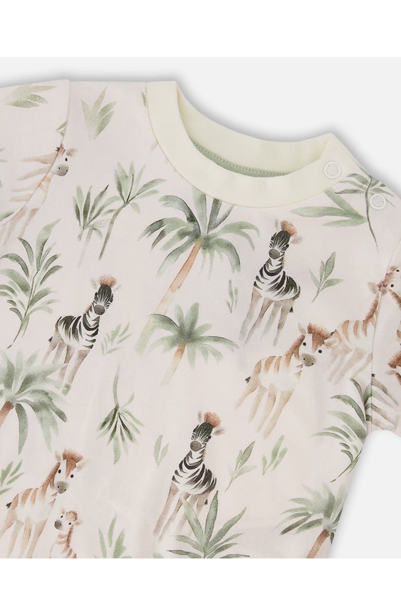 Deux par Deux Organic Cotton Jersey T-Shirt and Cotton Rib Zebra Print Pants Set, Alternate, color, Beige Zebra Print & Sage Green