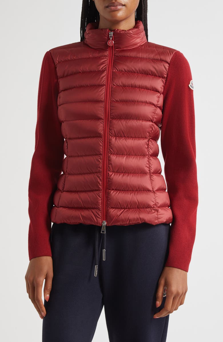 Moncler Virgin Wool-Blend Knit & Down Cardigan, Main, color, Red Auburn