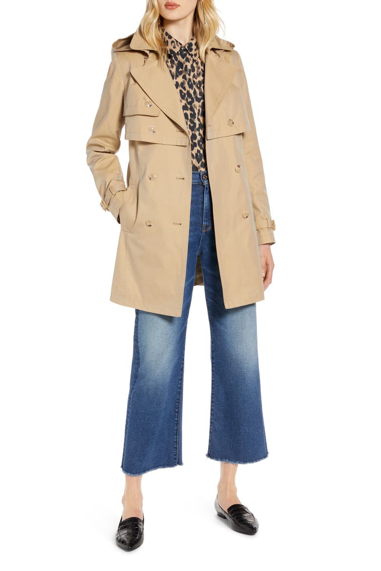 Double Breasted Trench Coat with Removable Hood, Main, color, KHAKI