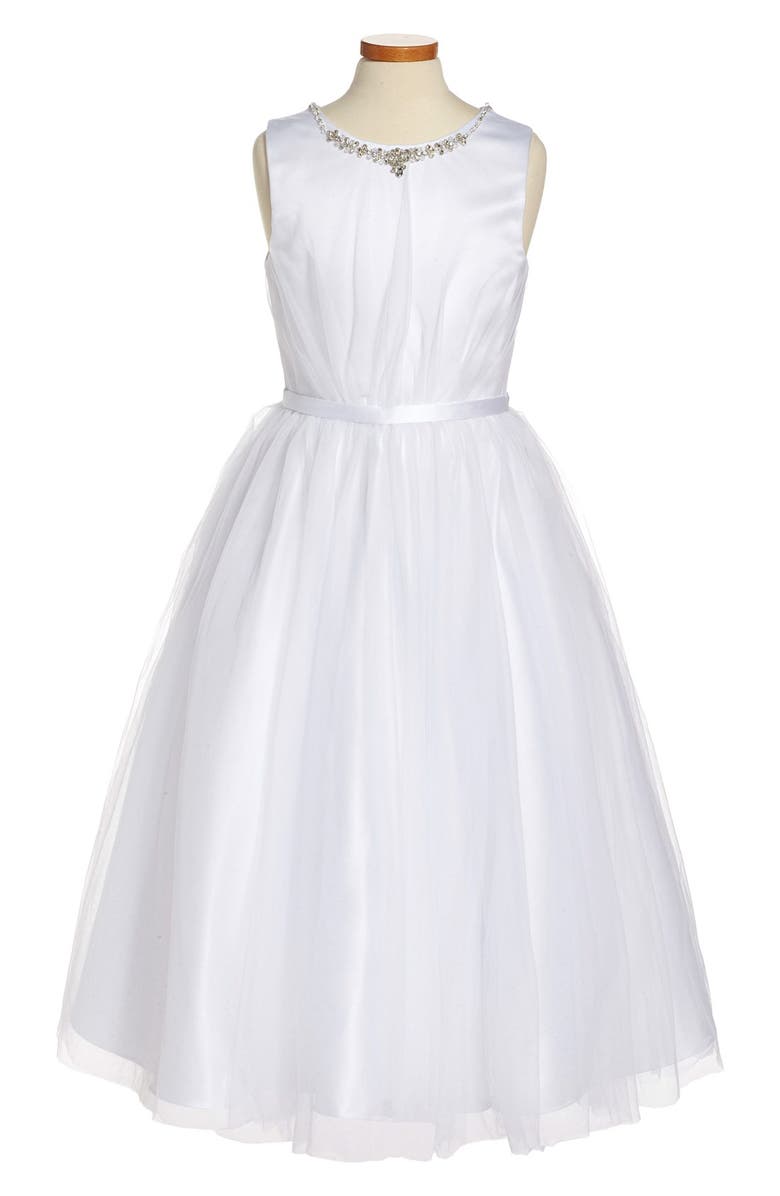 Joan Calabrese for Mon Cheri Beaded Satin & Tulle First Communion Dress, Main, color, 