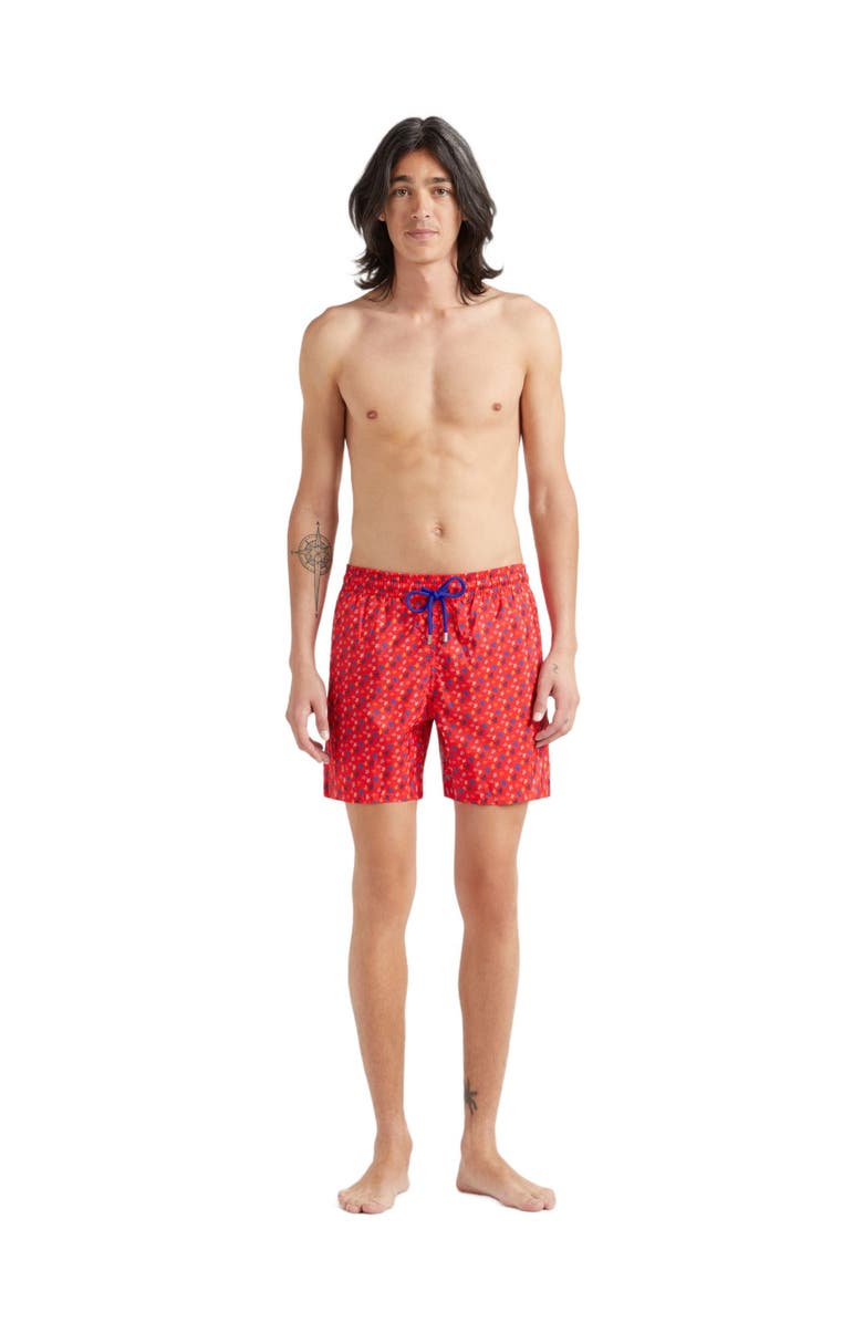 Vilebrequin Men's Micro Ronde Des Tortues Rainbow Light Fabric Swim Shorts, Main, color, Coquelicot
