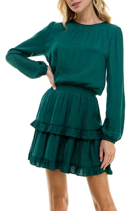 Smocked Tiered Long Sleeve Satin Dress