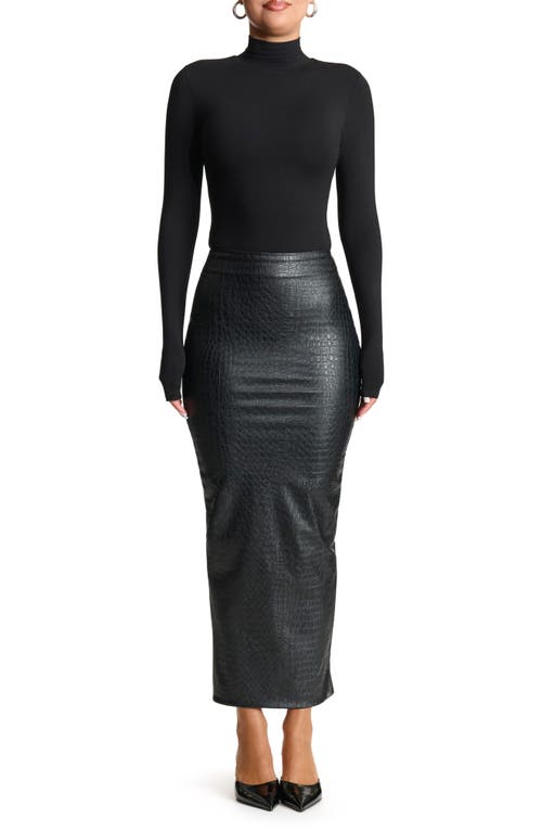 Naked Wardrobe Croc Embossed Faux Leather Midi Skirt