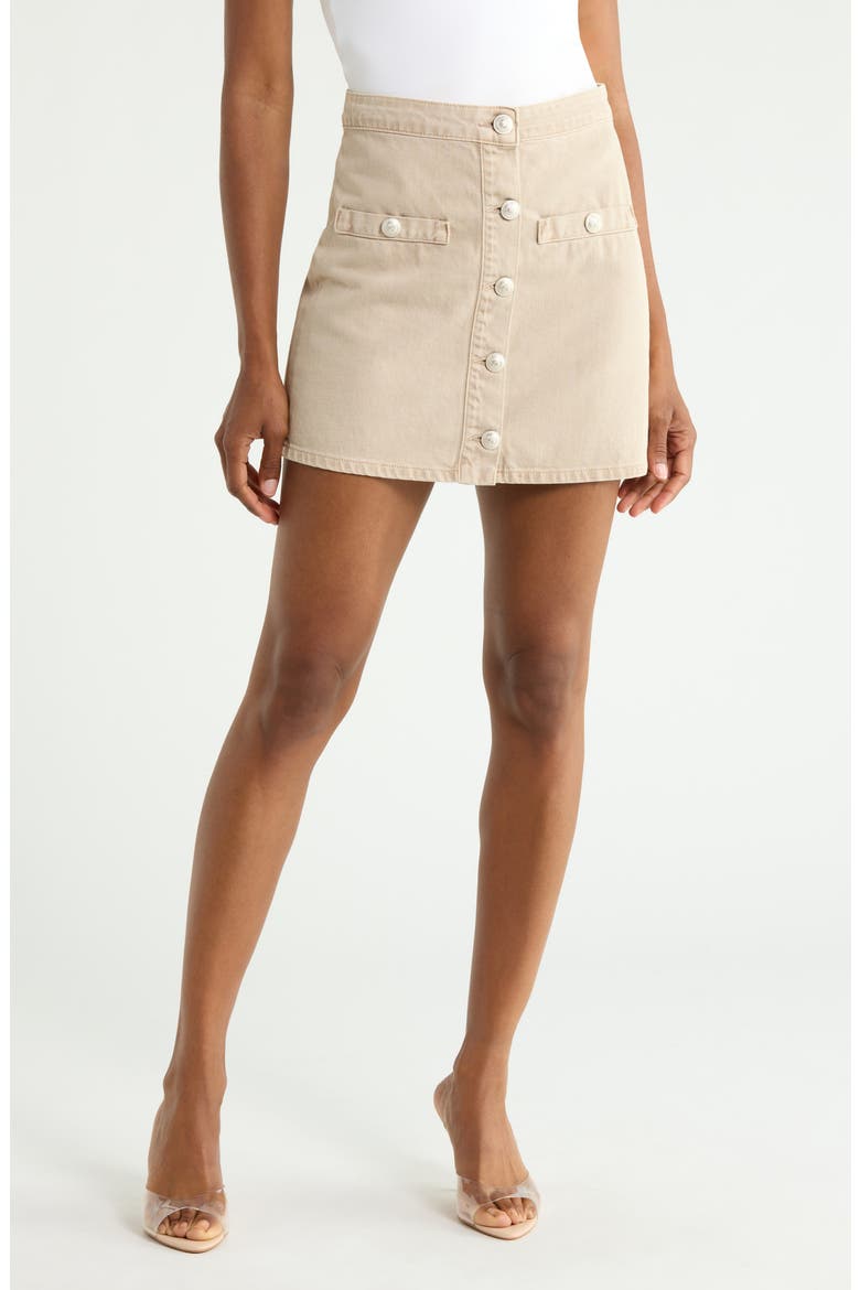Kris Button Front Cotton A-Line Miniskirt, Main, color, BISCUIT