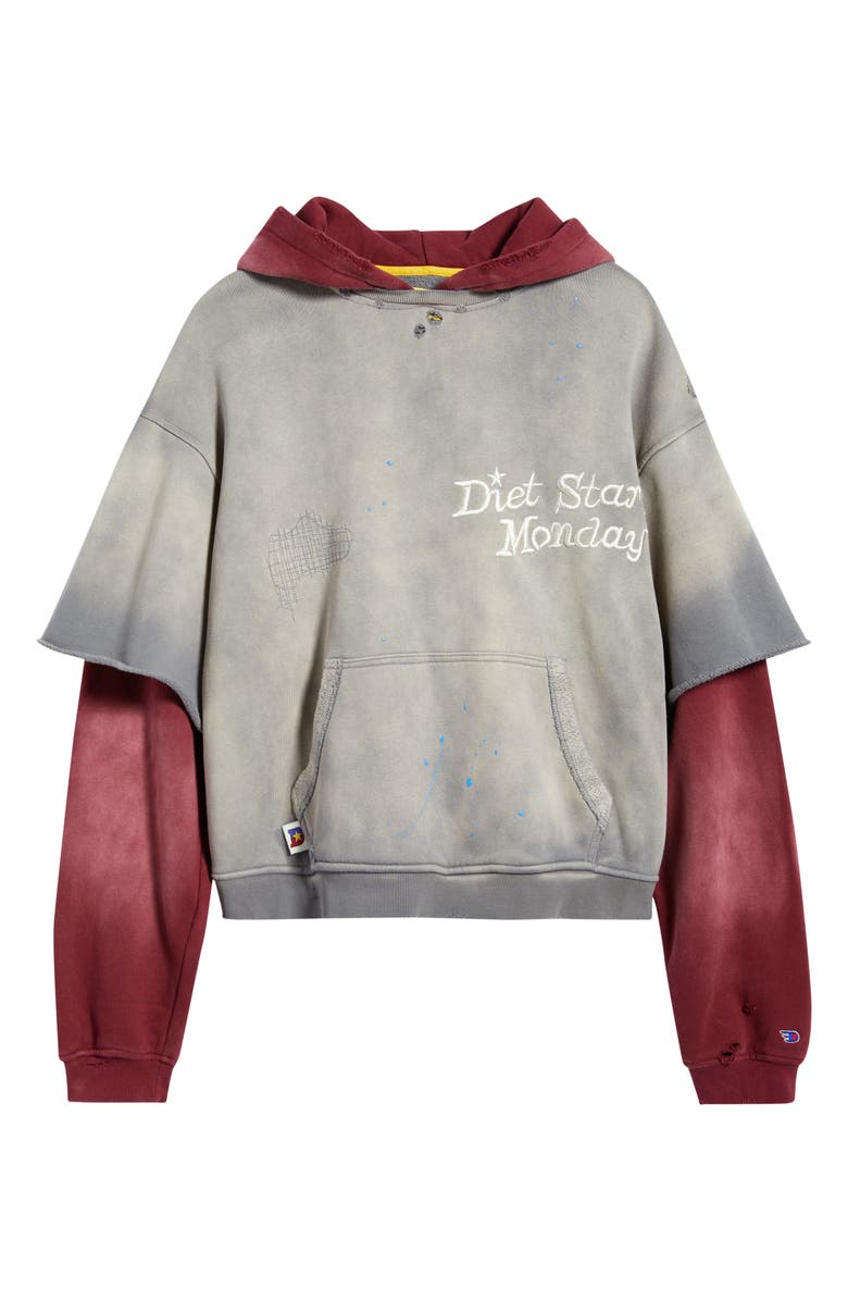 DIET STARTS MONDAY Double Layer Distressed Cotton Hoodie, Alternate, color, Washed Black/ Maroon