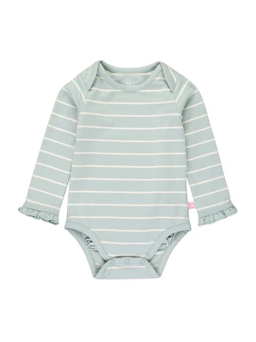 Rufflebutts Baby/toddler Girls Knit Long Sleeve Ruffle Layering Bodysuit In Cloud Blue And Ivory Stripe