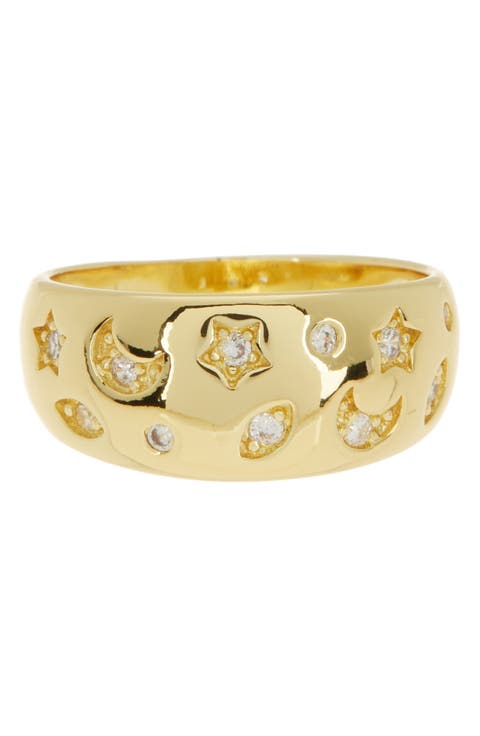Star & Moon 14K Gold Plated CZ Dome Ring