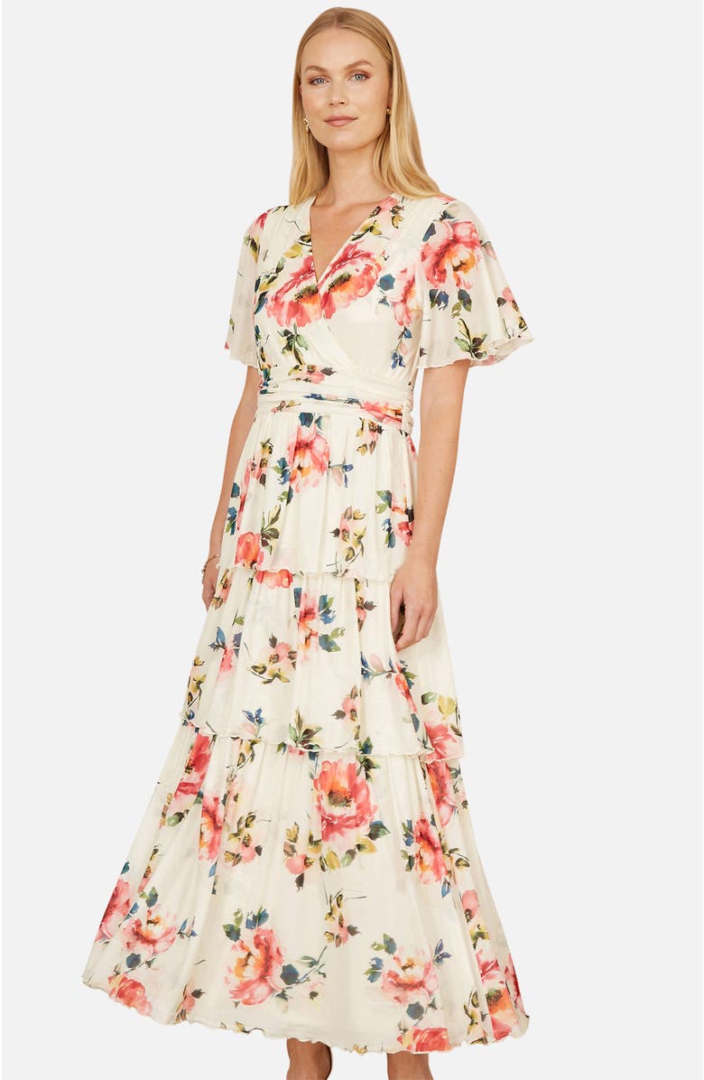 Yumi Floral Mesh Tiered Maxi Dress, Alternate, color, Ivory