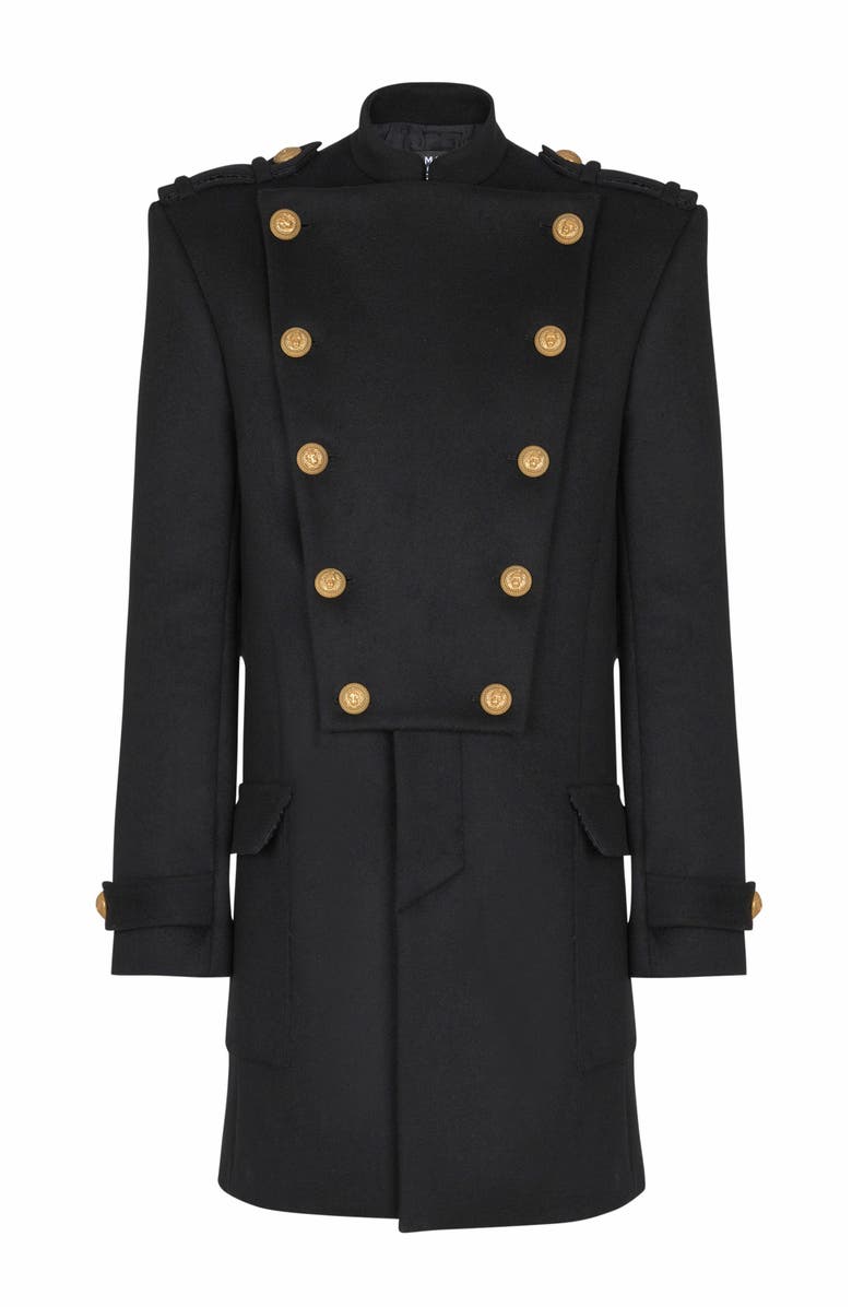 Balmain Wool And Cashmere Coat With Detachable Bib Front, Alternate, color, Black