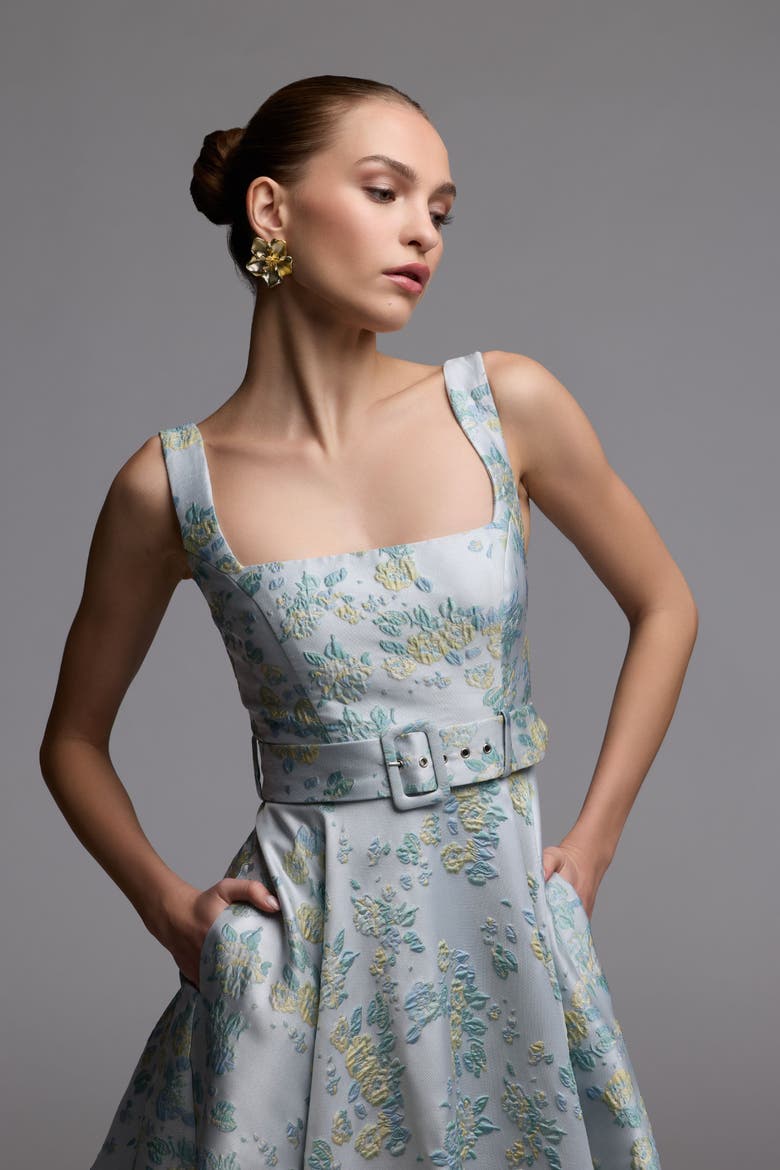 Sleeveless Belted A-Line Midi Dress, Alternate, color, Blue Multi