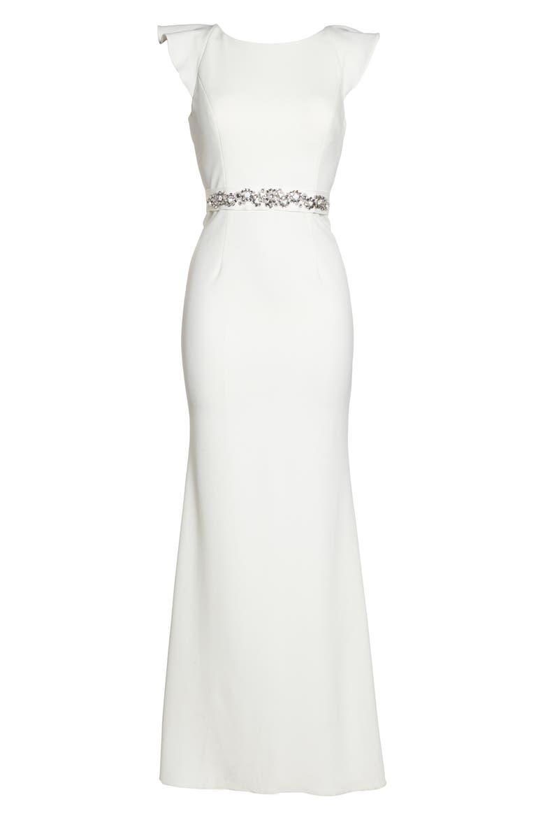 Ruffle Back Belted Gown, Alternate, color, IVORY