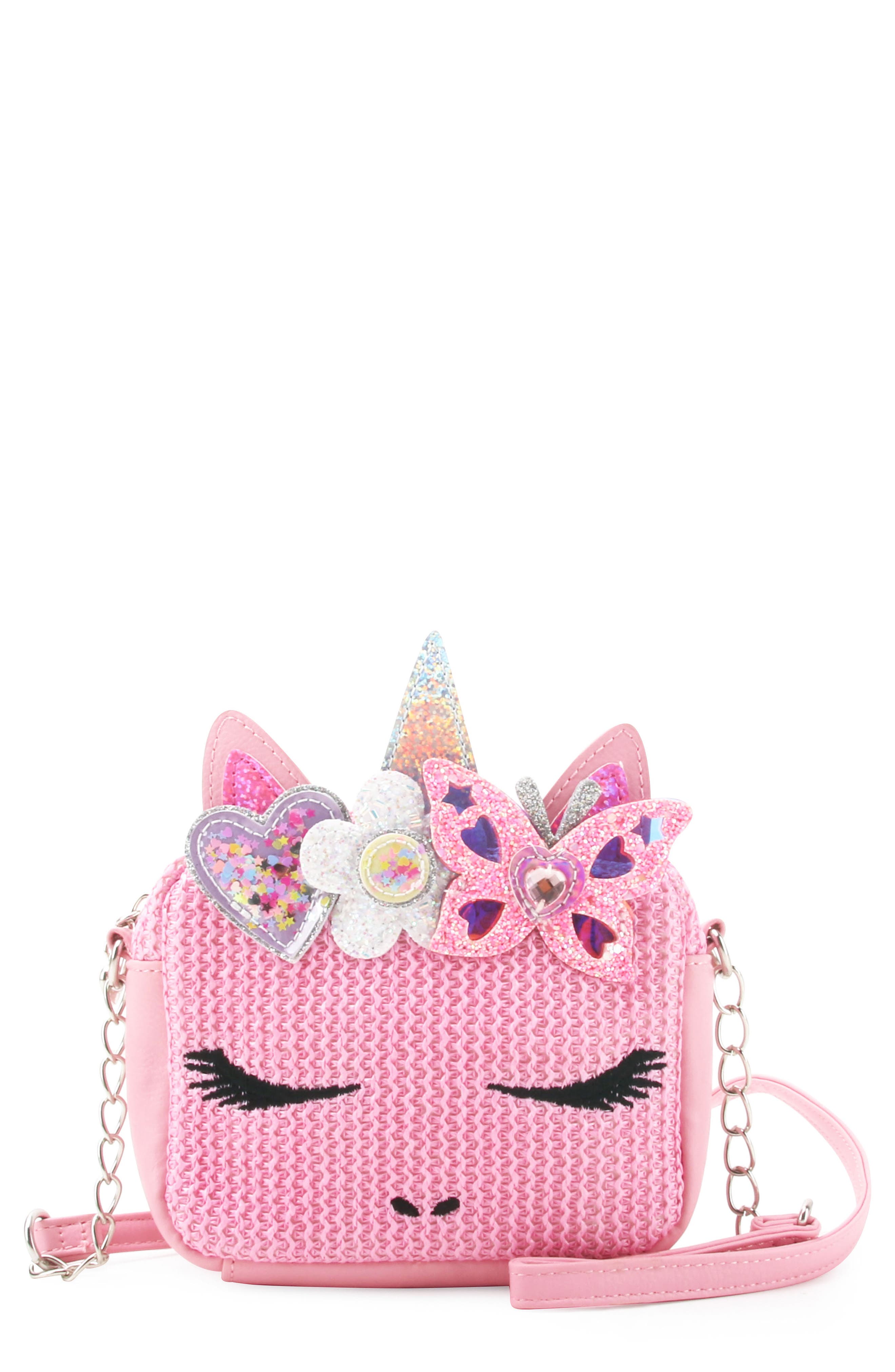 OMG Accessories Kids' Miss Gwen Straw Crossbody Bag, Main, color, Bubble Gum