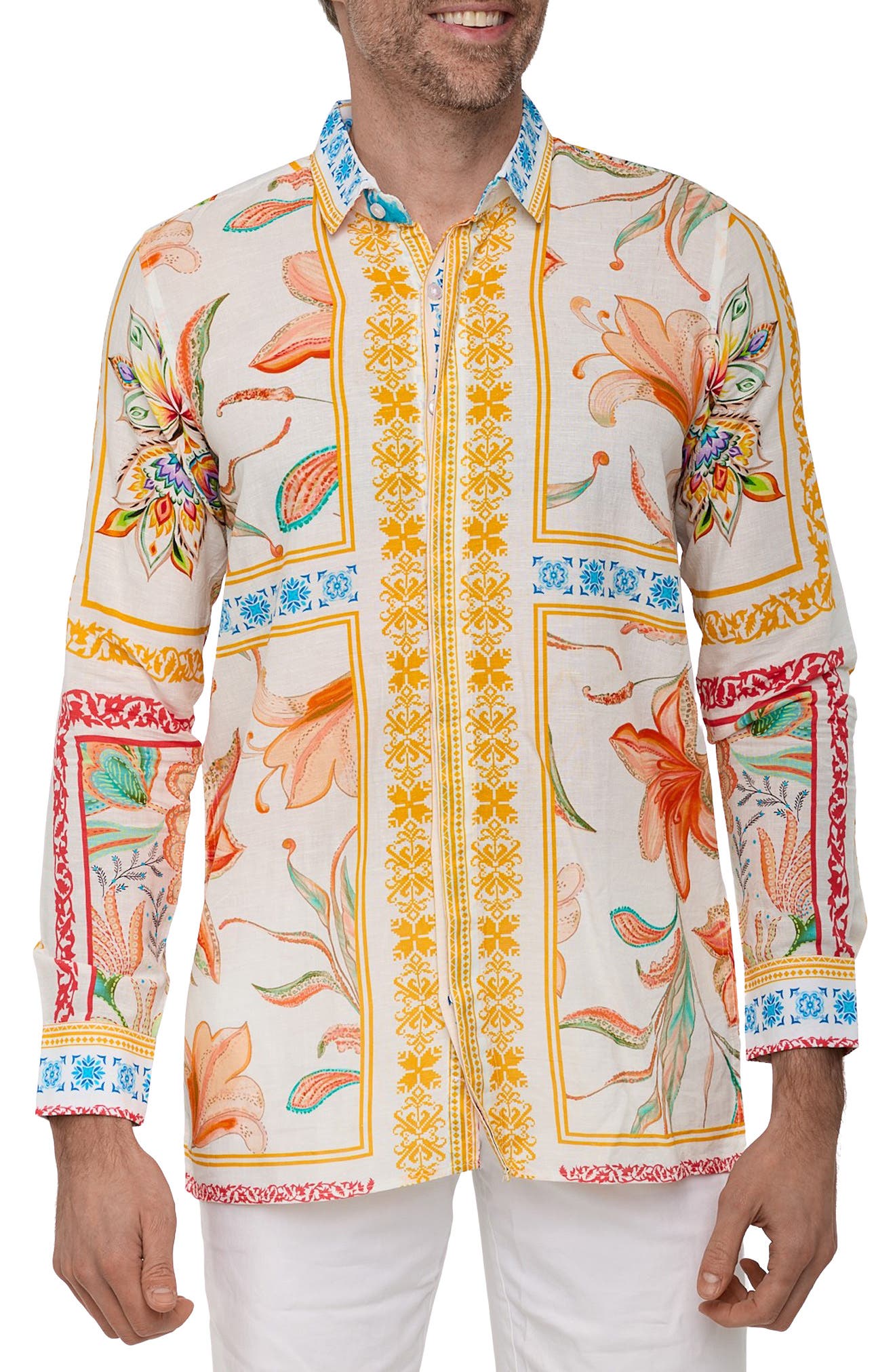 Extra Trim Fit Print Linen & Cotton Button-Up Resort Shirt