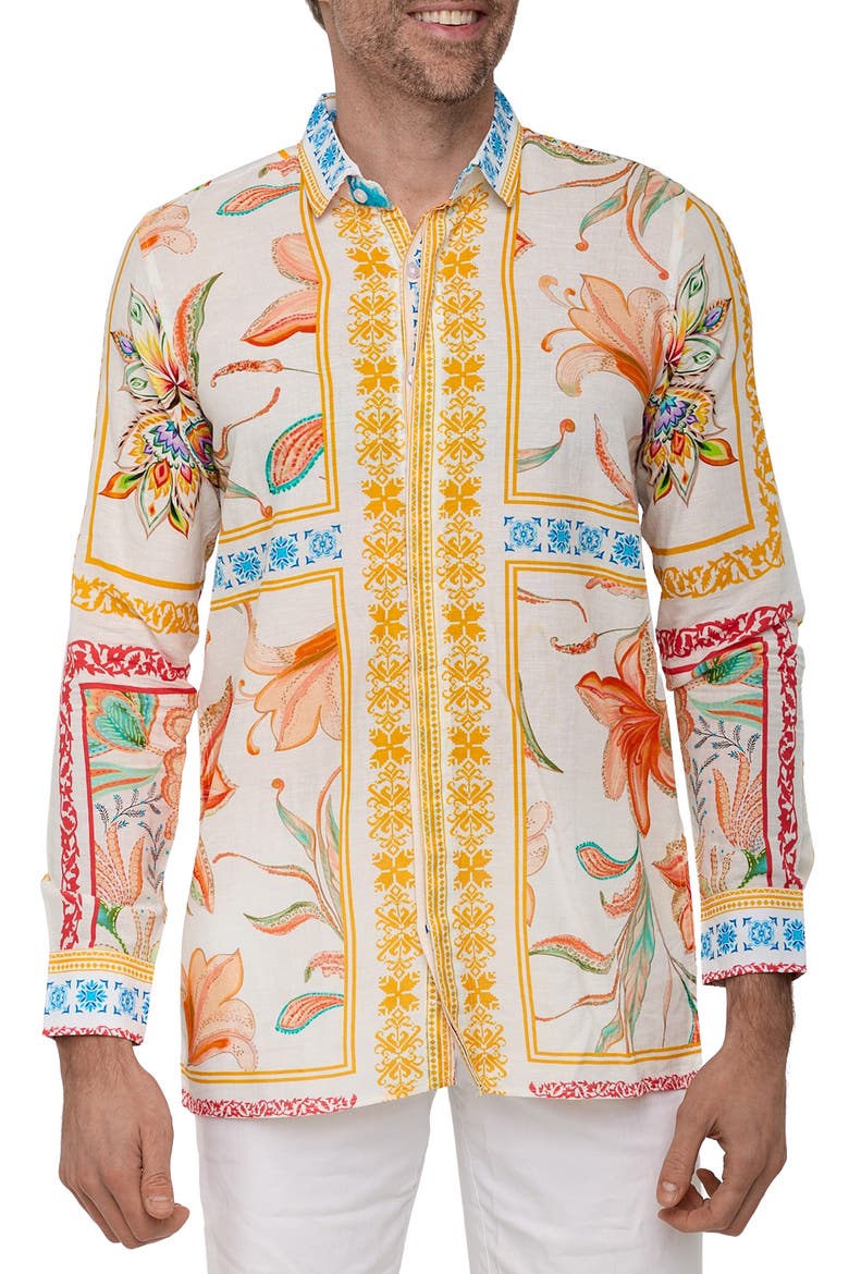 Extra Trim Fit Print Linen & Cotton Button-Up Resort Shirt, Main, color, WHITE
