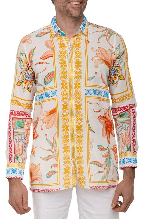 Extra Trim Fit Print Linen & Cotton Button-Up Resort Shirt