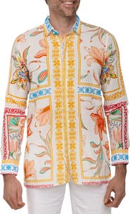 RANEES Extra Trim Fit Print Linen & Cotton Button-Up Resort Shirt