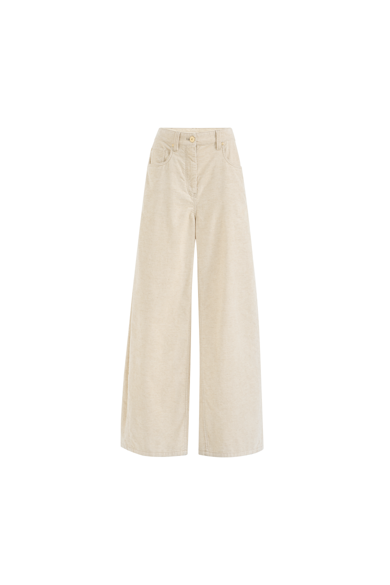Garment-dyed wide trousers in cotton and linen corduroy with monili, Alternate, color, Ecru
