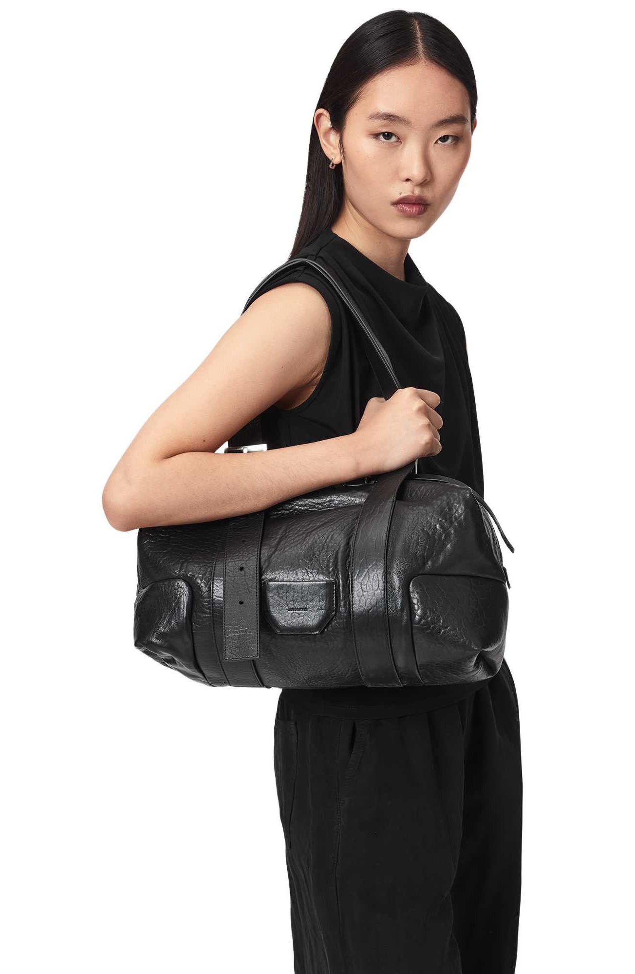 Ares Grain Leather Shoulder Bag, Alternate, color, BLACK/ SILVER