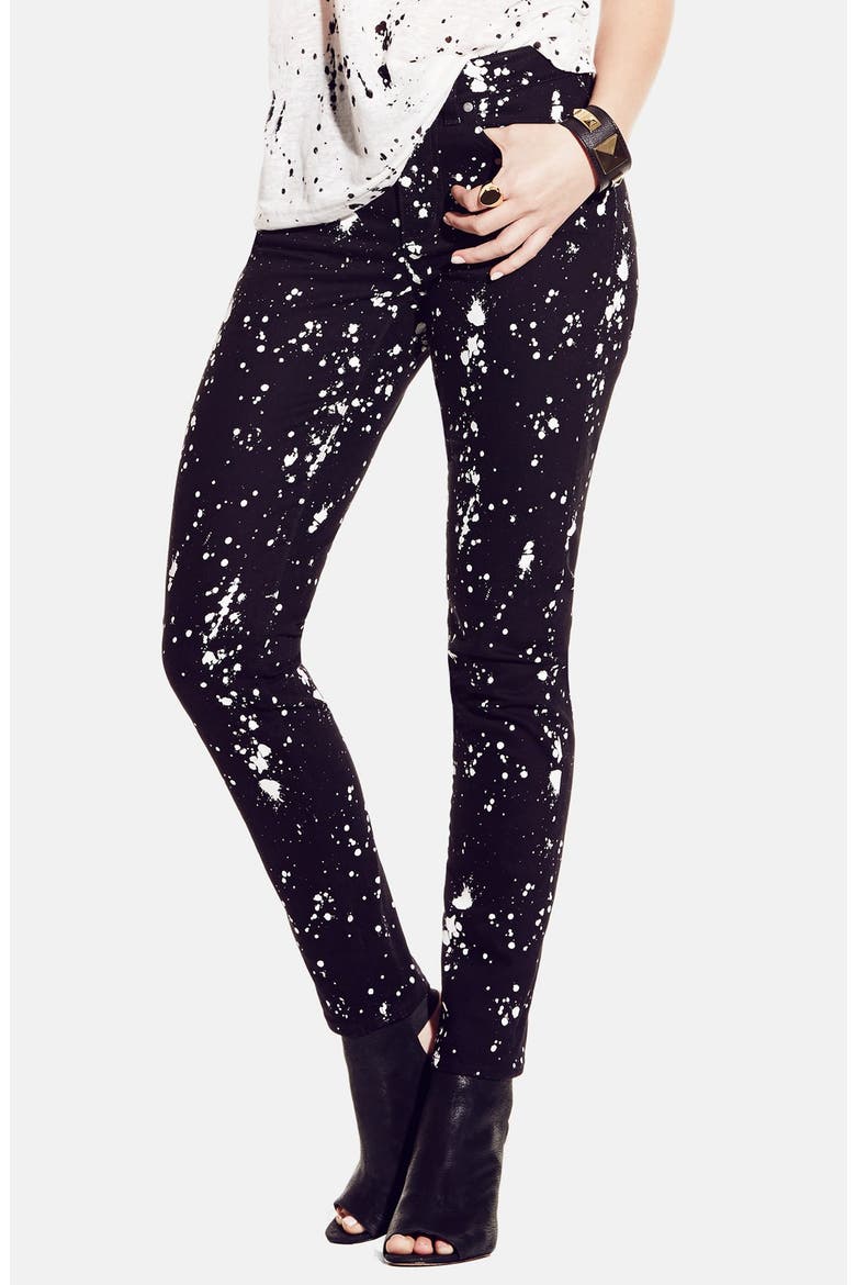 Splatter Print Skinny Jeans, Main, color, RICH BLACK
