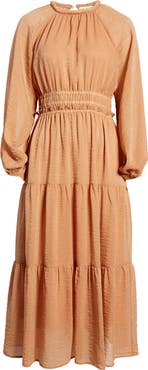 MOON RIVER Smocked Waist Ruffle Metallic Maxi Dress