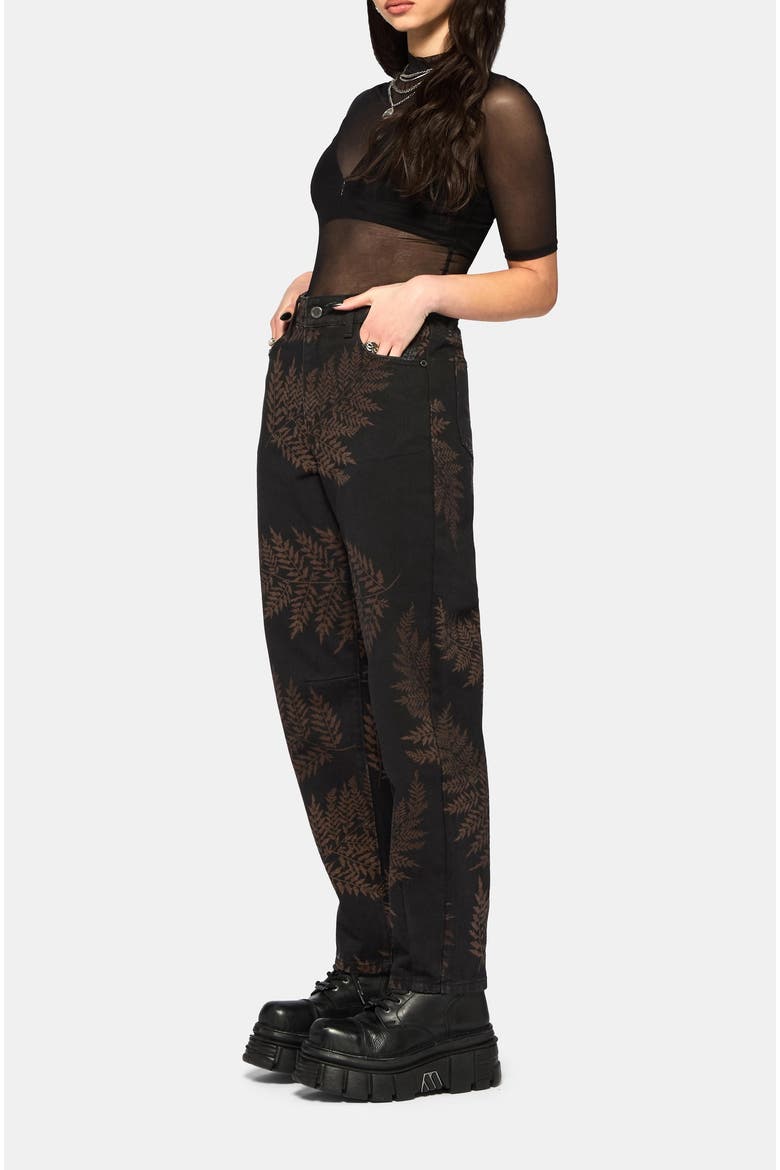 Ruin Fern Printed Barrel Leg Denim Jeans, Alternate, color, Black