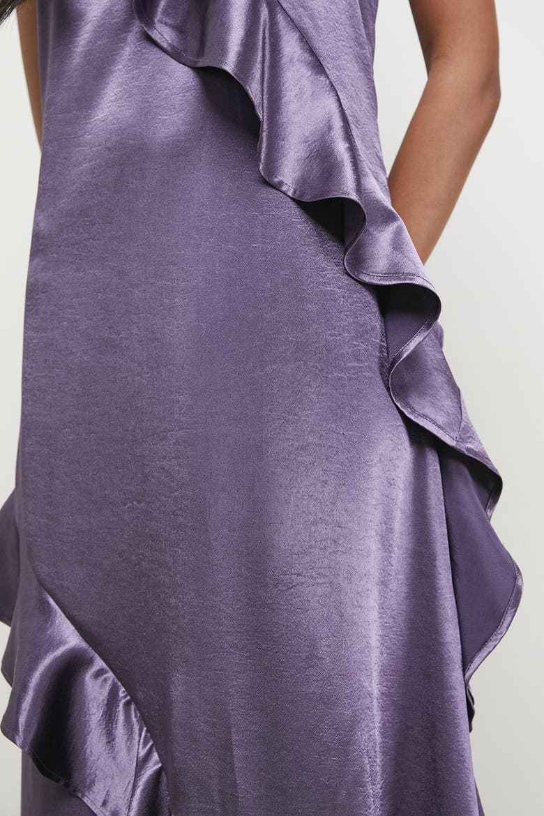 ruffle midi slip dress Warehouse Women's Metallic Satin Ruffle Midi Slip Dress - Purple - Size 8