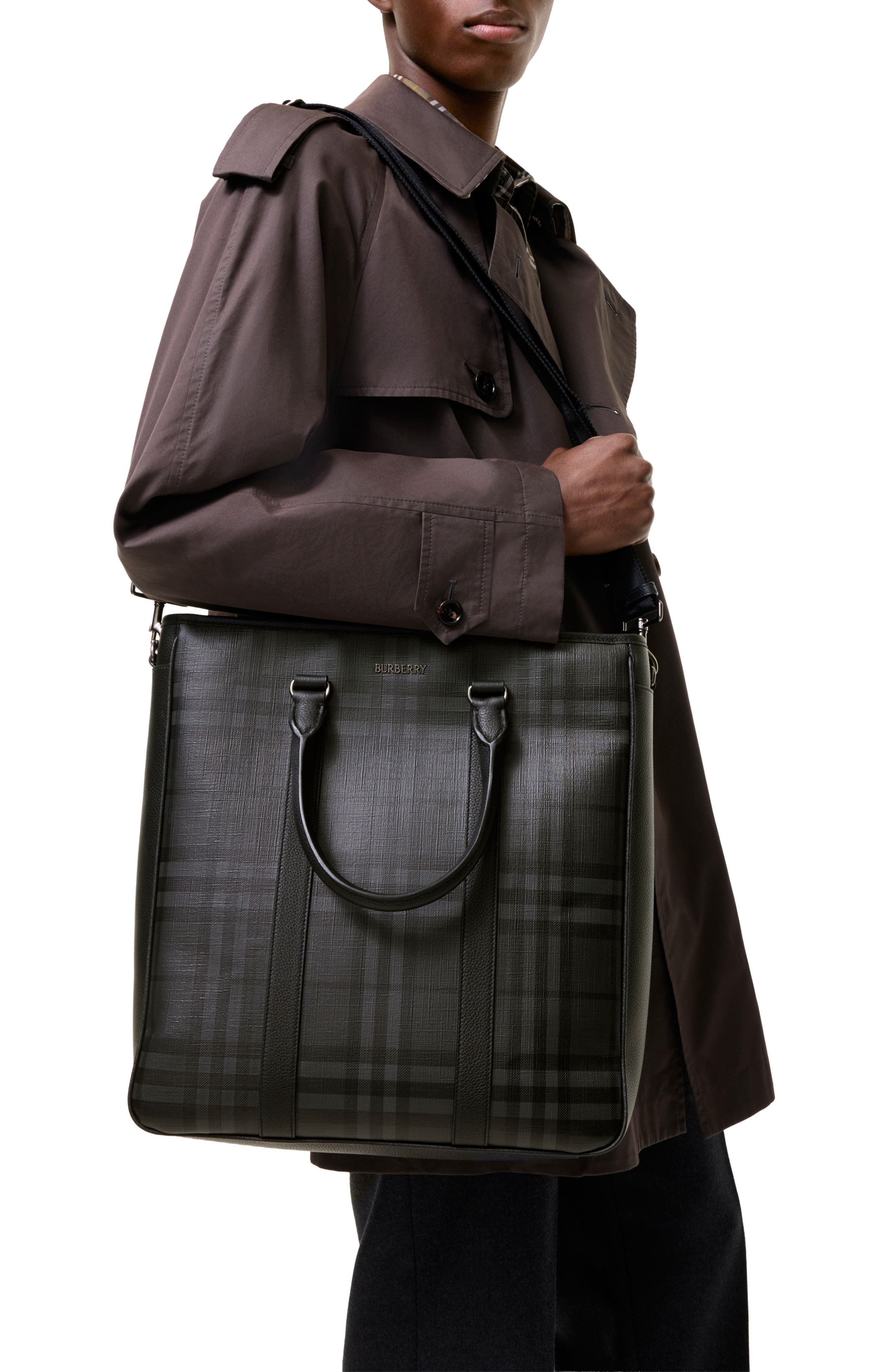 Check Tote with Leather Trim, Alternate, color, IRON