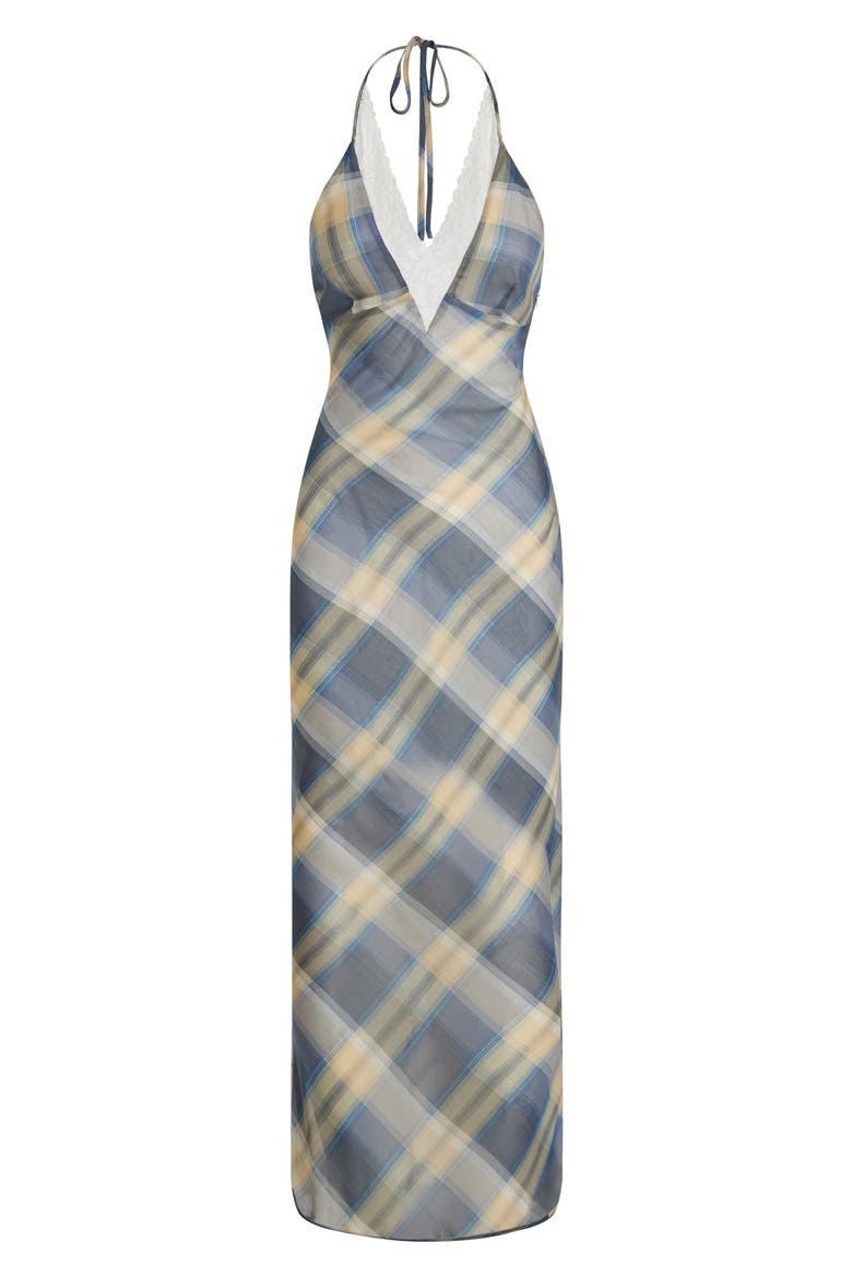Shoreline Plaid Lace Trim Halter Maxi Dress, Alternate, color, BLUE CHECK