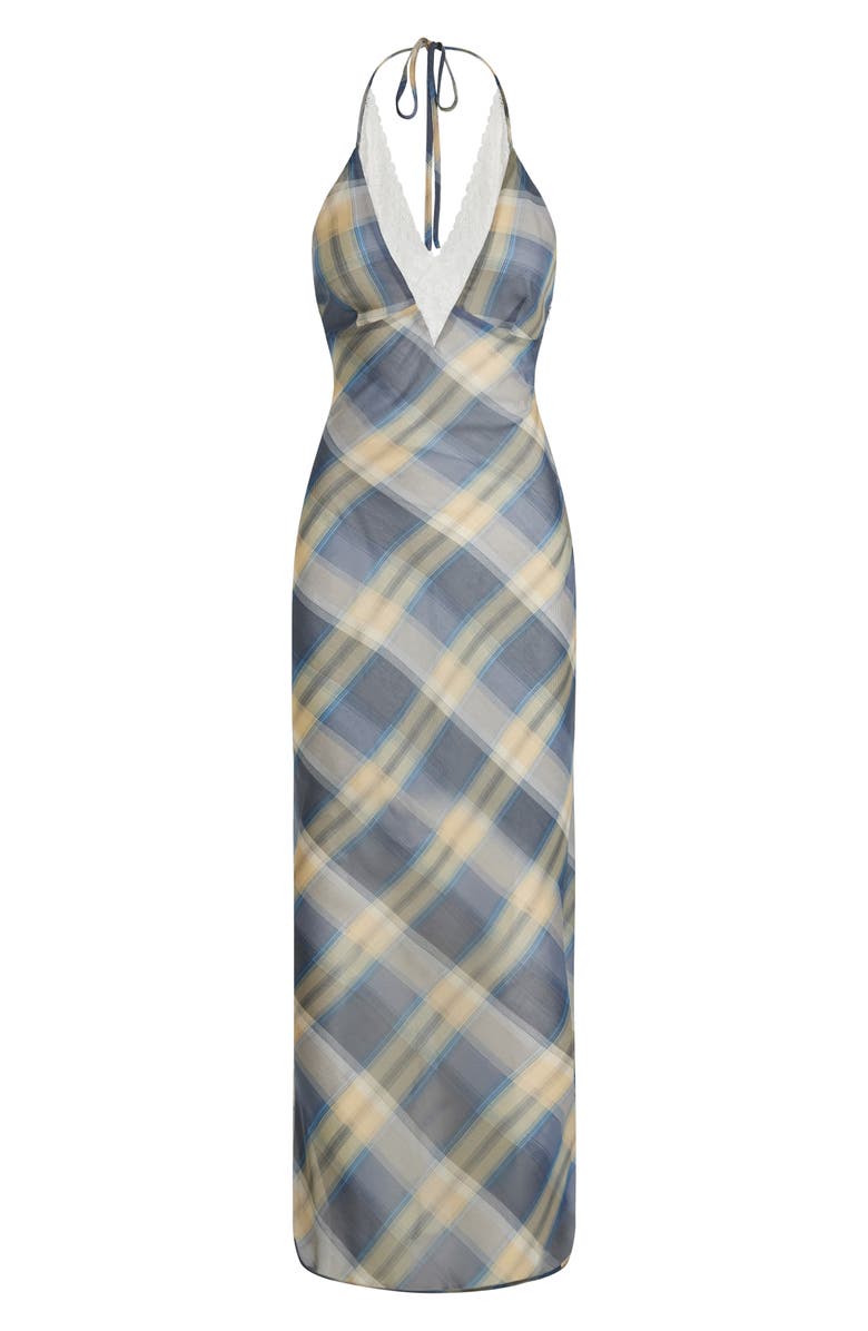 LIONESS Shoreline Plaid Lace Trim Halter Maxi Dress, Alternate, color, Blue Check